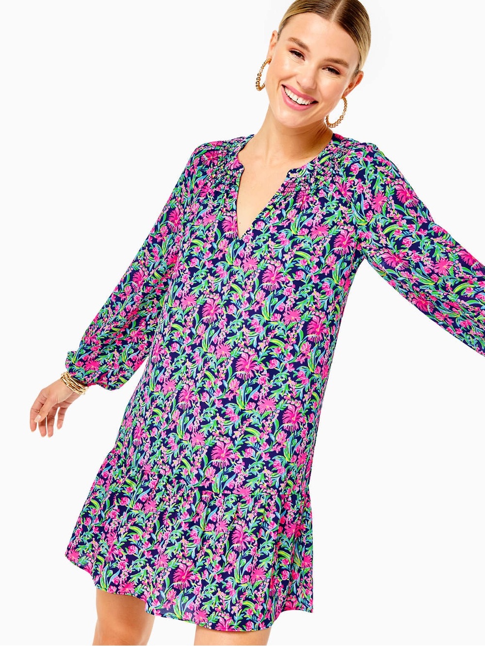 Lilly Pulitzer Lucee Long Sleeve Dress in Low Tide Navy Garden Variety Floral 13 - Picture 1 of 9